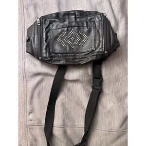 Vintage Leather Studded Belt Bag Unisex Zipper Pockets Travel Bag Black